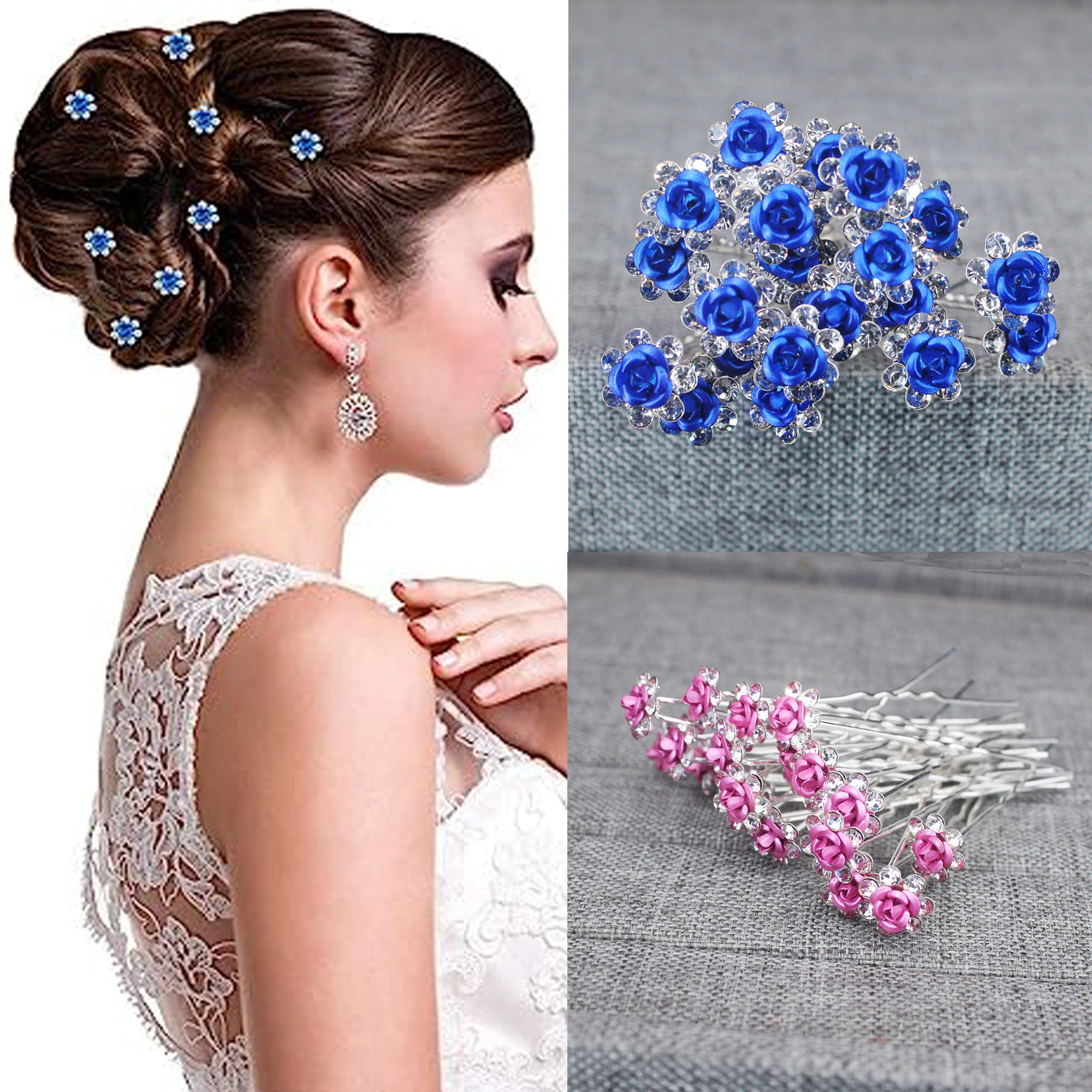 Flower Supply - 20PCS Rose Flower Rhinestone Hairpins Crystal